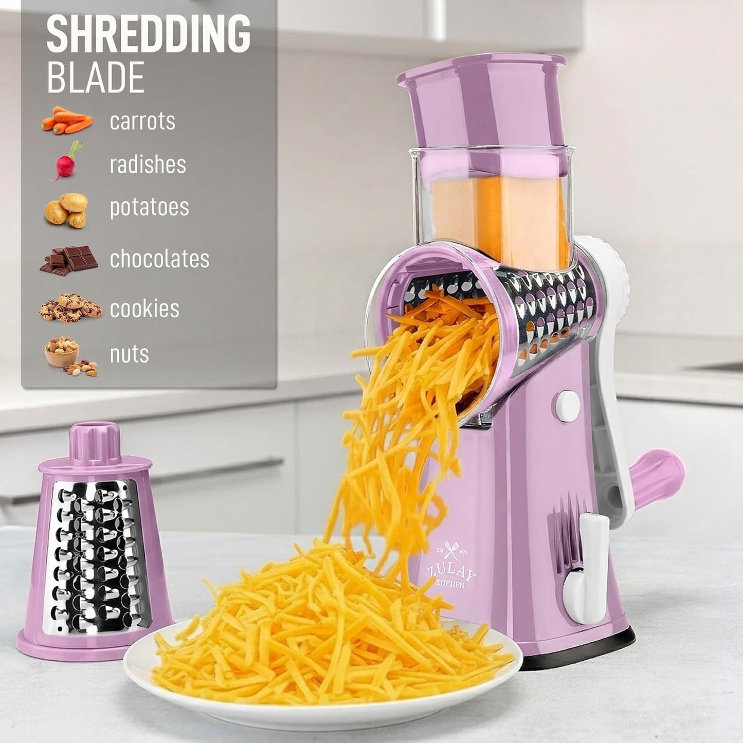 Zulay Kitchen Rotary Cheese Grater 5 Blade Cheese Shredder - Manual Hand Crank Cheese Grater With Reinforced Suction & 5 Interchangeable Drums - Easy to Use, Vegetable Chopper Round Mandoline Slicer - Colors A