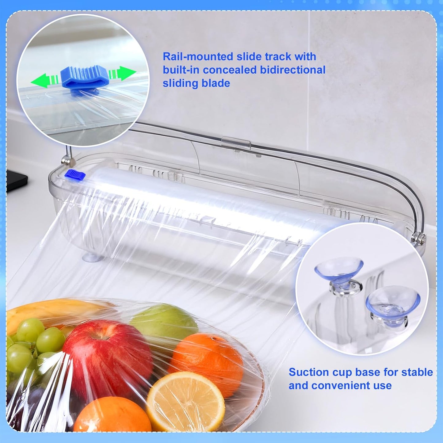 Refillable Cling Wrap Dispenser with Slide Cutting Cutter | Reusable design supports nail-free wall mounting & countertop placement, neatly stores plastic wrap for food preservation