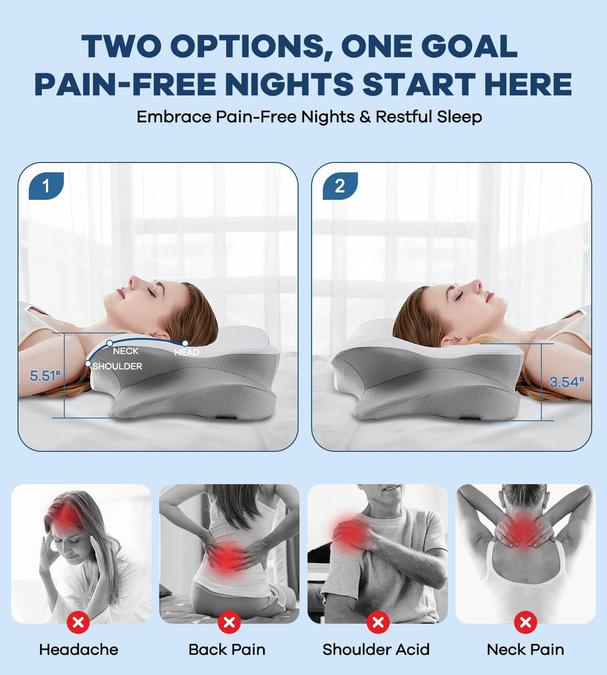 DONAMA Cervical Pillow for Neck and Shoulder Pain Relief, Cooling Contour Memory Foam Pillow, Dual-Height Ergonomic Neck Support Pillow for Side Back Stomach Sleepers with Removable Pillowcase