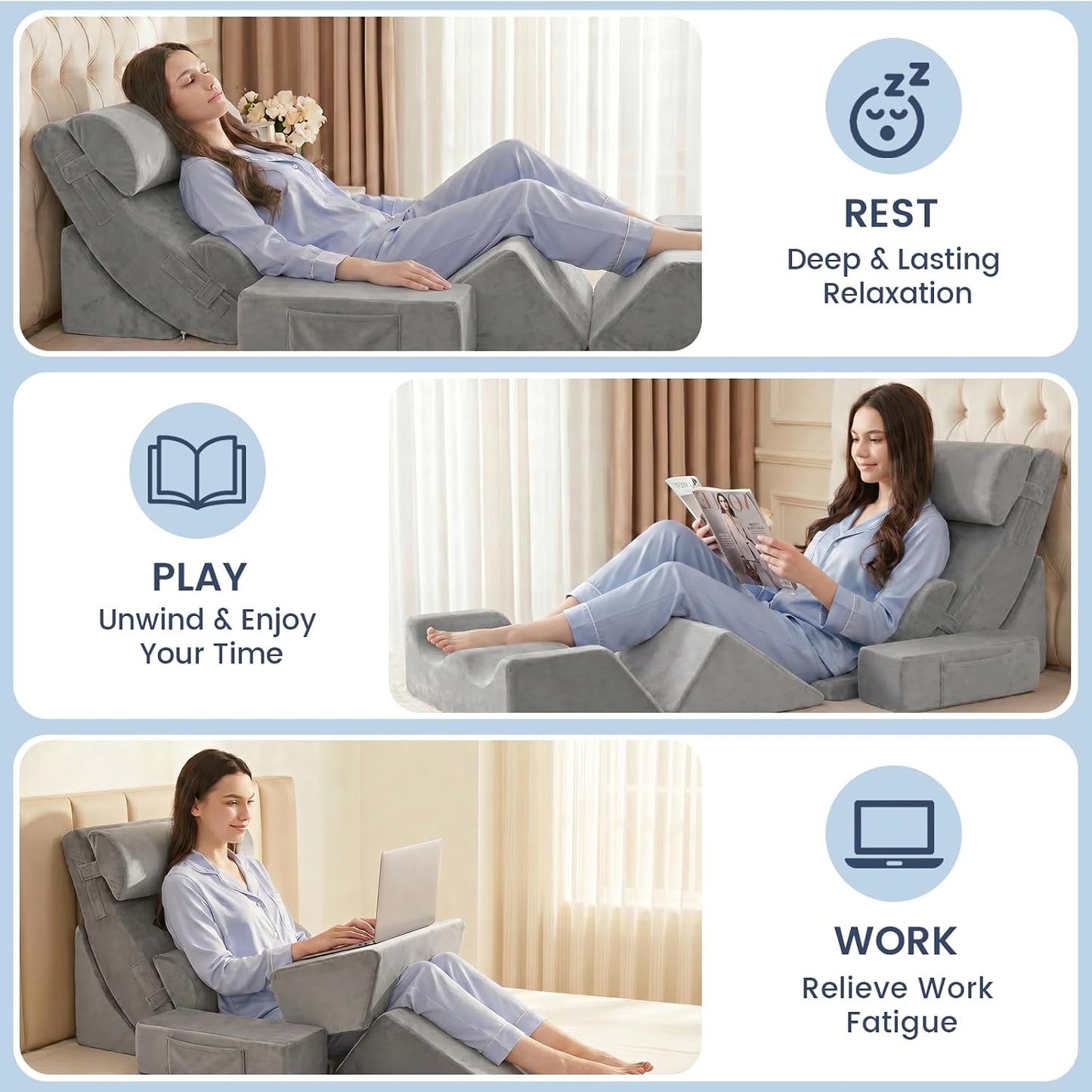 5PCS Wedge Pillow Set for After Surgery, Adjustable Orthopedic Foam Bed Wedge Pillow for Acid Reflux, GERD & Heartburn Relief, Back & Leg Elevation Support for Sleeping & Sitting Up, White Grey