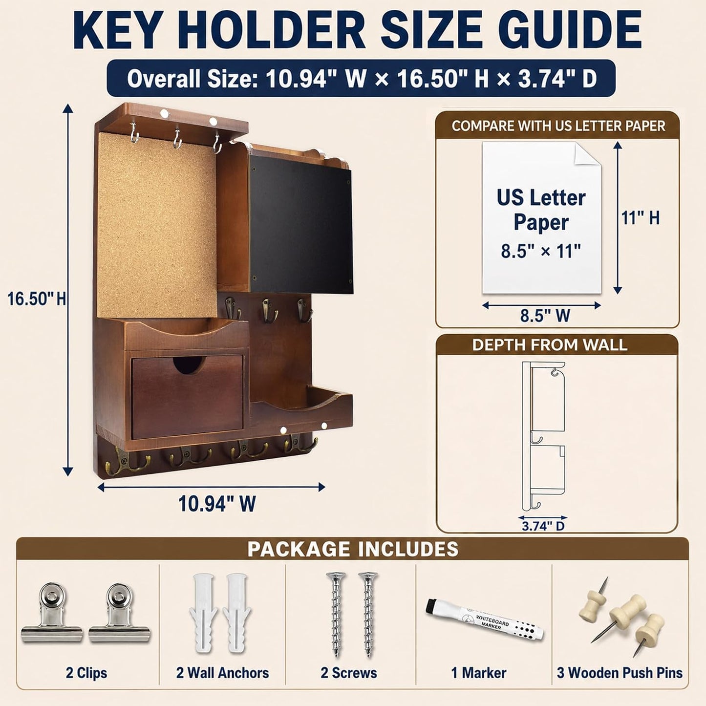 Key Holder for Wall Mount with Shelf and Mail Organizer, Key and Mail Holder with 16 Hooks, Farmhouse Entryway Organizer, Home Decor Rack (Pine Wood, White Washed)
