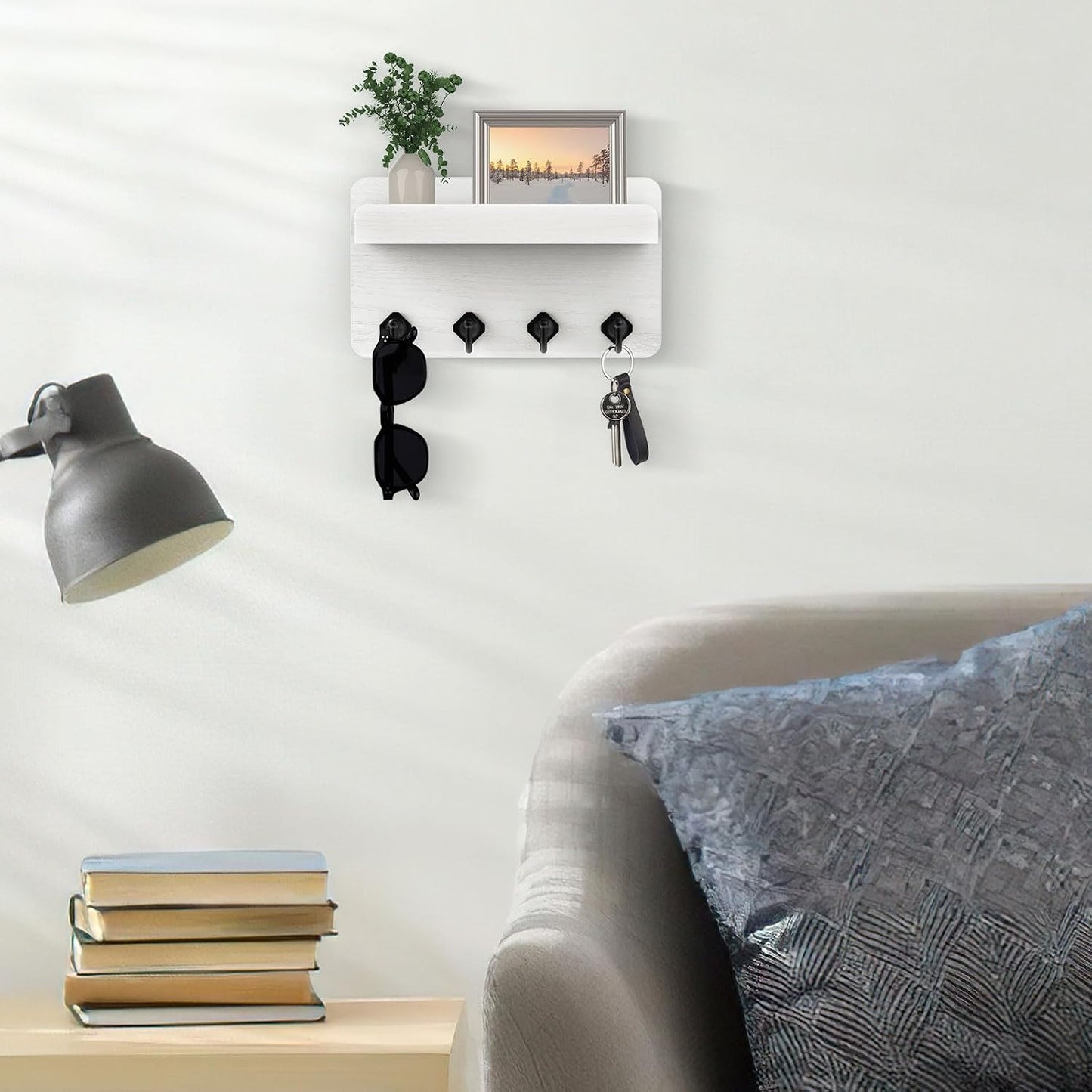 Nekon Key Holder Wall Mount, 8.5 Inch Small Wooden Wall Organizer, Black | Rustic Wall Shelf, Farmhouse Key and Mail Holder for Living Room Entryway Kitchen