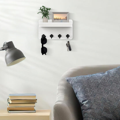 Nekon Key Holder Wall Mount, 8.5 Inch Small Wooden Wall Organizer, Black | Rustic Wall Shelf, Farmhouse Key and Mail Holder for Living Room Entryway Kitchen