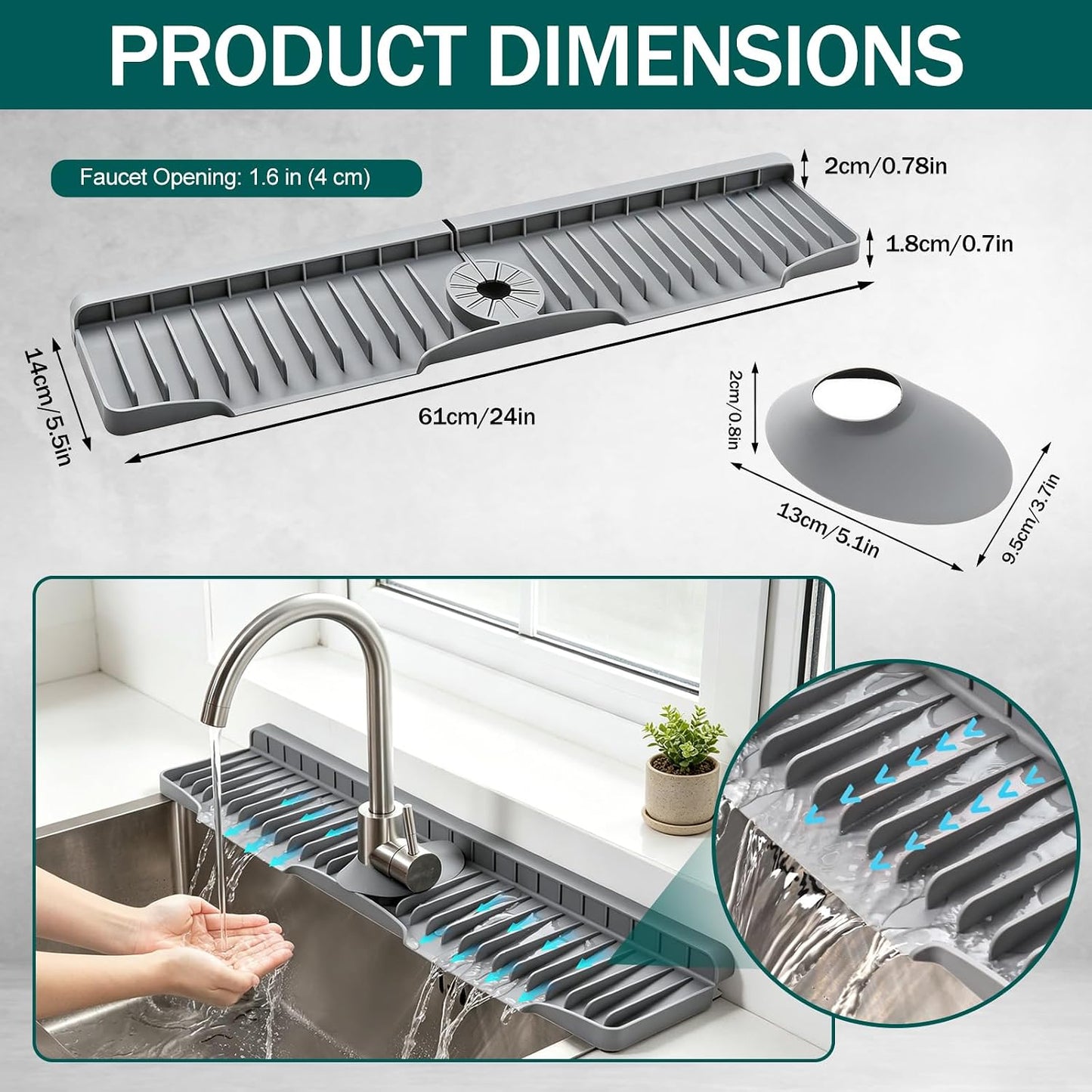 AZY 24 Inch Silicone Faucet Mat for Kitchen Sink Splash Guard | Self Draining Splash Guard Behind Faucet, Thickened Silicone Water Catcher with Foldable Barrier