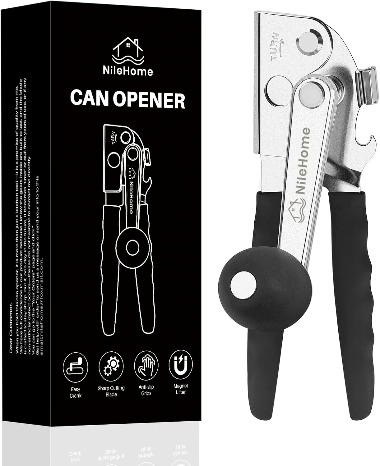 NileHome Commercial Hand Crank Can Opener with Extra-Long Handles, Black | Heavy Duty Durable, Built-In Magnet, Smooth Cranking, Manual Can Opener, Ideal for Large Cans, Senior-Friendly
