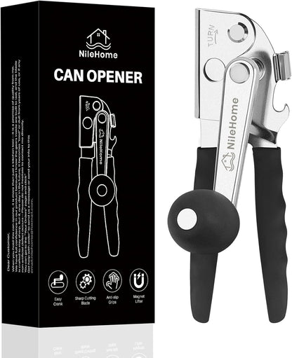 NileHome Commercial Hand Crank Can Opener with Extra-Long Handles, Black | Heavy Duty Durable, Built-In Magnet, Smooth Cranking, Manual Can Opener, Ideal for Large Cans, Senior-Friendly
