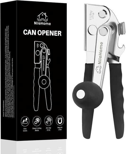 NileHome Commercial Hand Crank Can Opener with Extra-Long Handles, Black | Heavy Duty Durable, Built-In Magnet, Smooth Cranking, Manual Can Opener, Ideal for Large Cans, Senior-Friendly