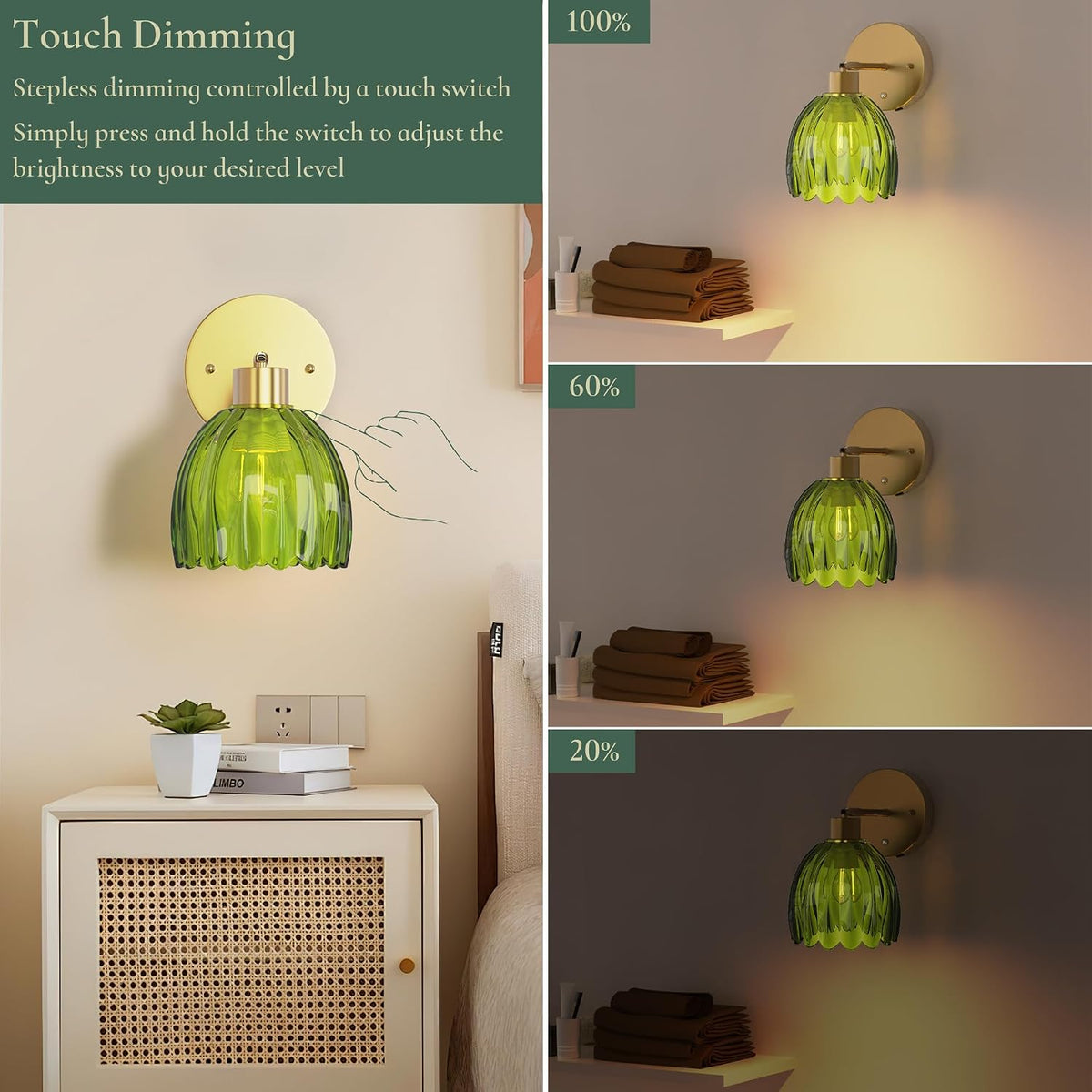 Battery Operated Wall Sconces, Rechargeable Green Glass Shades, Set of 2