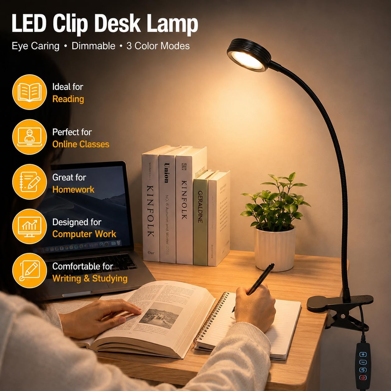 USB Clip-On Lamp, Eye Caring Dimmable Reading Light (Warm+Cool White, 8W) | Dimmable, Inline Switch, 1M Timer, USB 5V Port, 3000K+6000K, 81inch Long Cable, Flexible Gooseneck, Metal Head and Clip