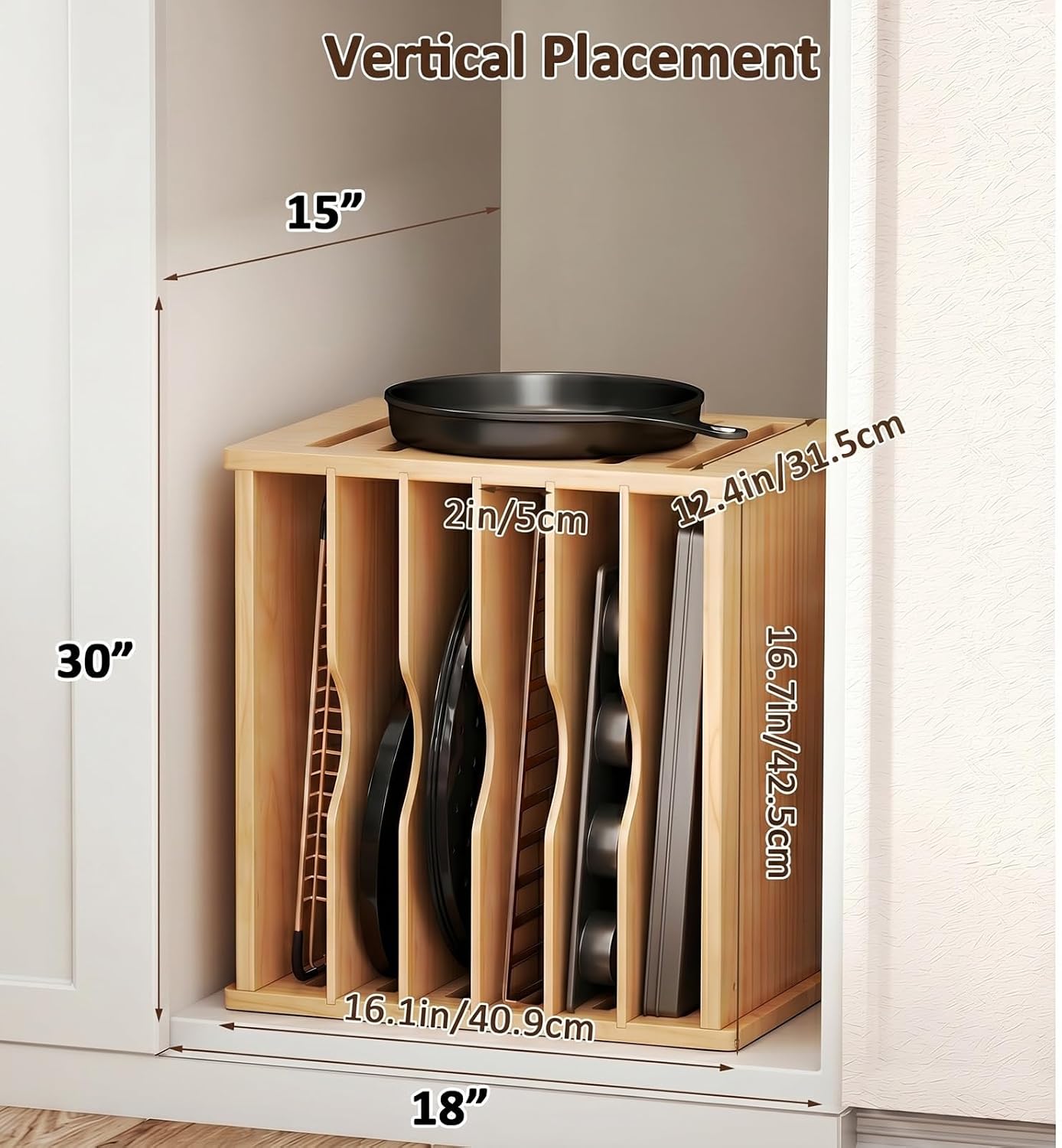 7 Tier Wooden Tray Dividers for Cabinets | Kitchen Vertical Cookie Sheet Organizer, Baking Trays Storage Rack, For Baking Pans, Cutting Board