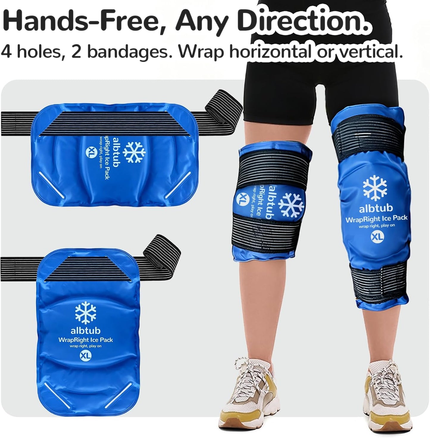 WrapRight Large Ice Pack for Injuries Reusable with Bandage for Knee | Hands-free Cold Therapy, 10"×16" L-Size for Ankle, Leg, Shoulder, Back, Flexible Gel, Dual-sided for Sensitive Skin