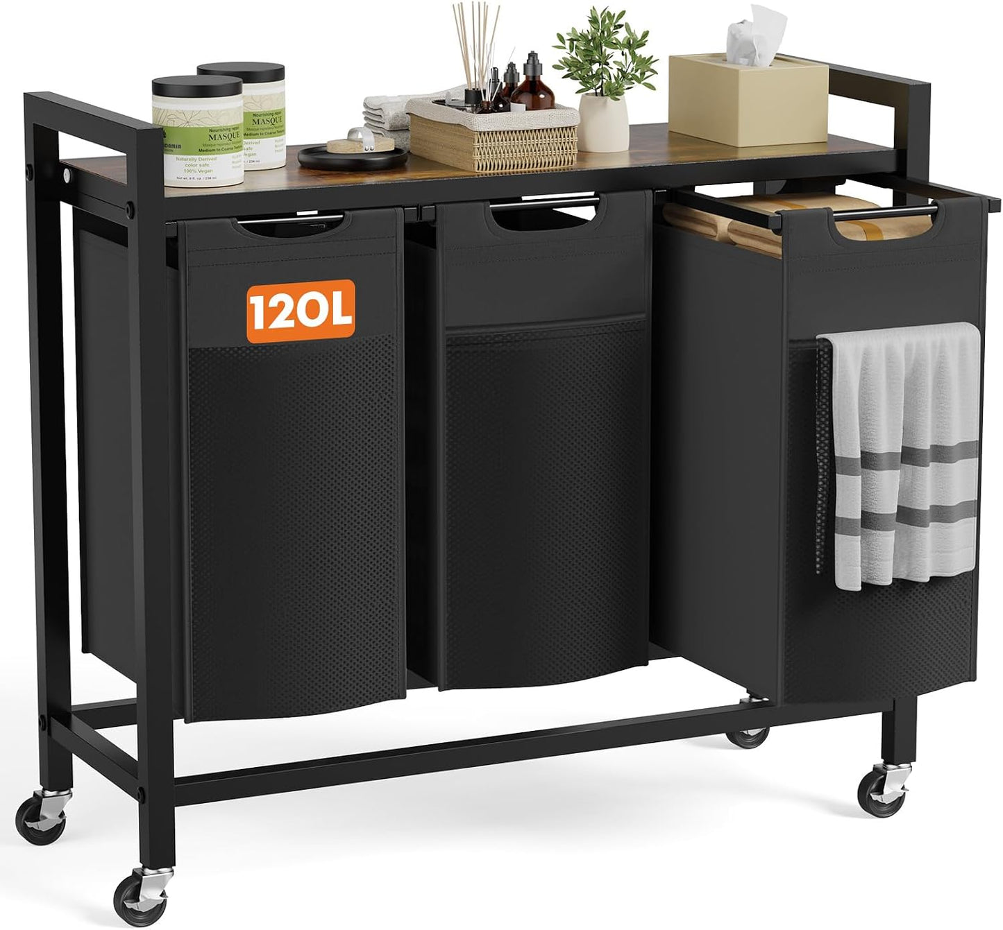 NEWBULIG Laundry Hamper Sorter with Wheels, Rolling Laundry Basket with Shelf & Removable Pull-Out Bag, Dirty Clothes Hamper for Room Organizer, 3 x 10.6 Gal (120L) - Rustic Brown and Black