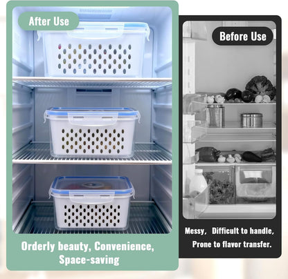 3 PCS Fruit Storage Containers for Fridge with Removable Colander | Berry Produce Storage Containers for Fridge with Strainer Lid Leakproof Containers Keep Fruits Vegetables Berry Fresh longer