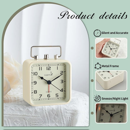 FLOITTUY Square Metal Beep Alarm Clock Silent No Ticking, Snooze and Battery Operated, Night Light and Desk Clock for Bedroom/Travel/Kids, Easy Set(Green)