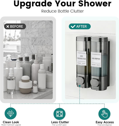 Wall Mounted Shower Soap Dispenser 3 Chamber,No Drill Shower Dispenser | Shampoo and Conditioner Dispenser for Bathroom Hotel Large Capacity, each 300ml with two waterproof labels,Gold