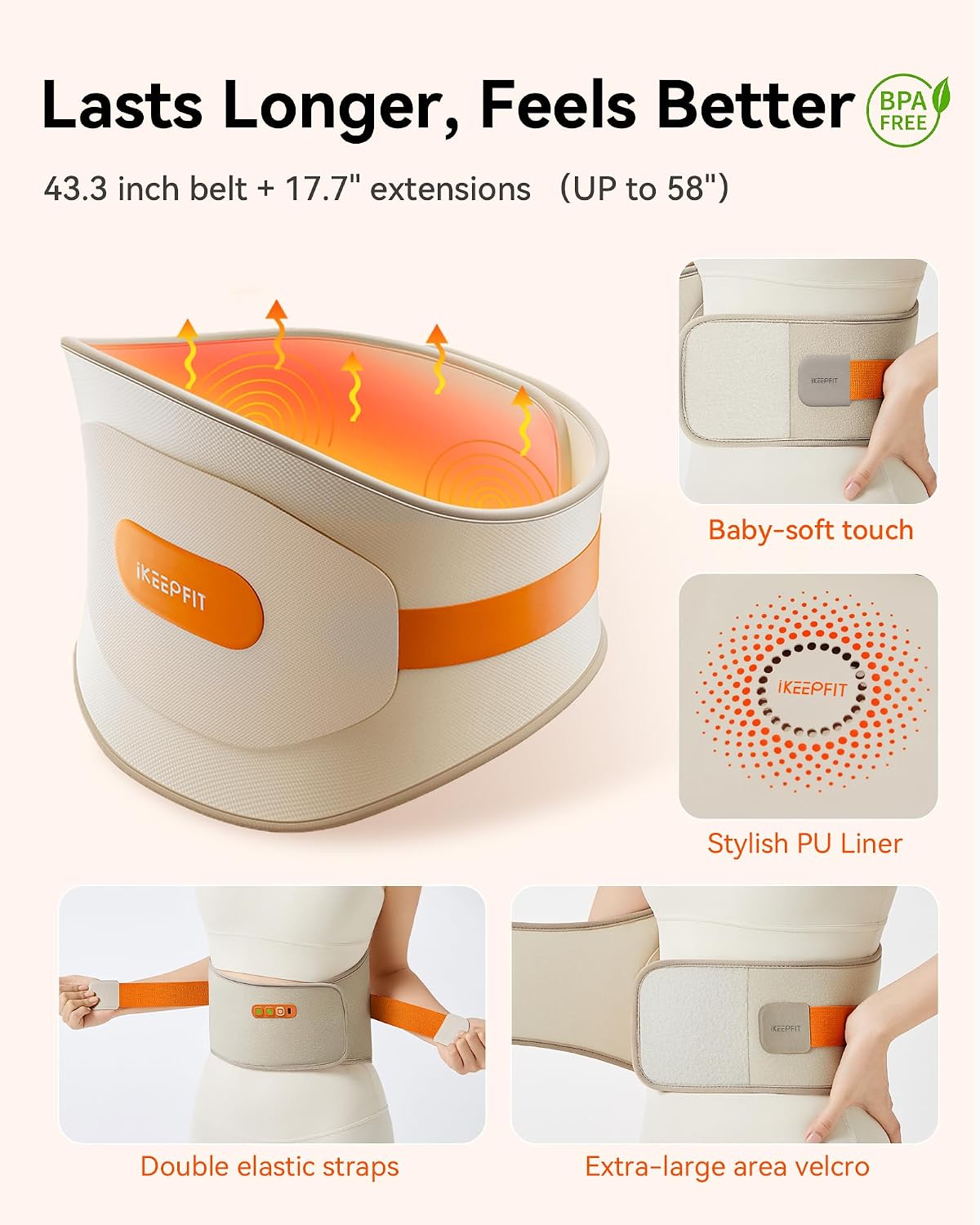 IKEEPFIT Portable Heating Pad for Back, Cordless Wearable Heat Belt with Massager for Lower Back Pain Relief, Battery Powered 8000 mAh Rechargeable, MAXwarm® 3.0, Gift for Women Men 90-310 lbs