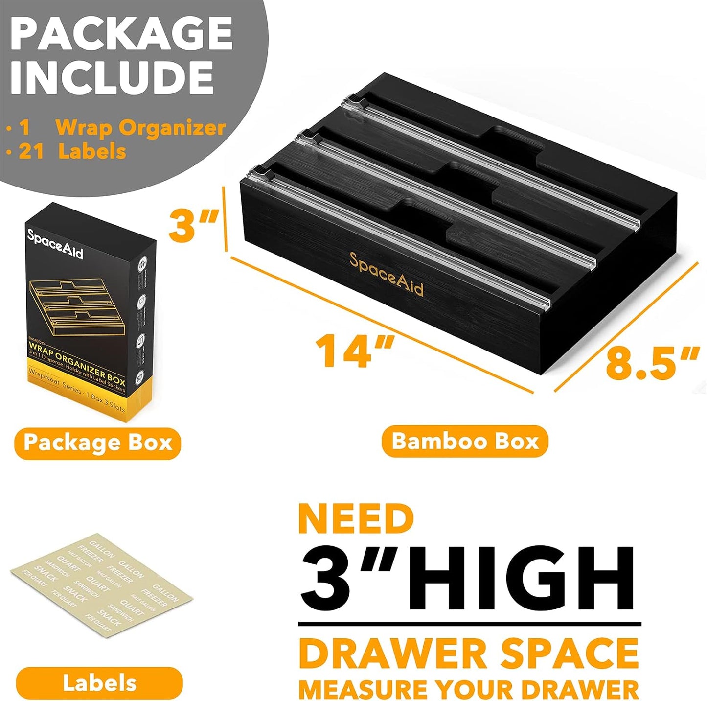 SpaceAid WrapNeat 2 in 1 Wrap Organizer with Cutter and Labels, Plastic Wrap, Aluminum Foil and Wax Bamboo Dispenser for Kitchen Storage Organization Holder for 12" Roll (Natural, 2-Slot)