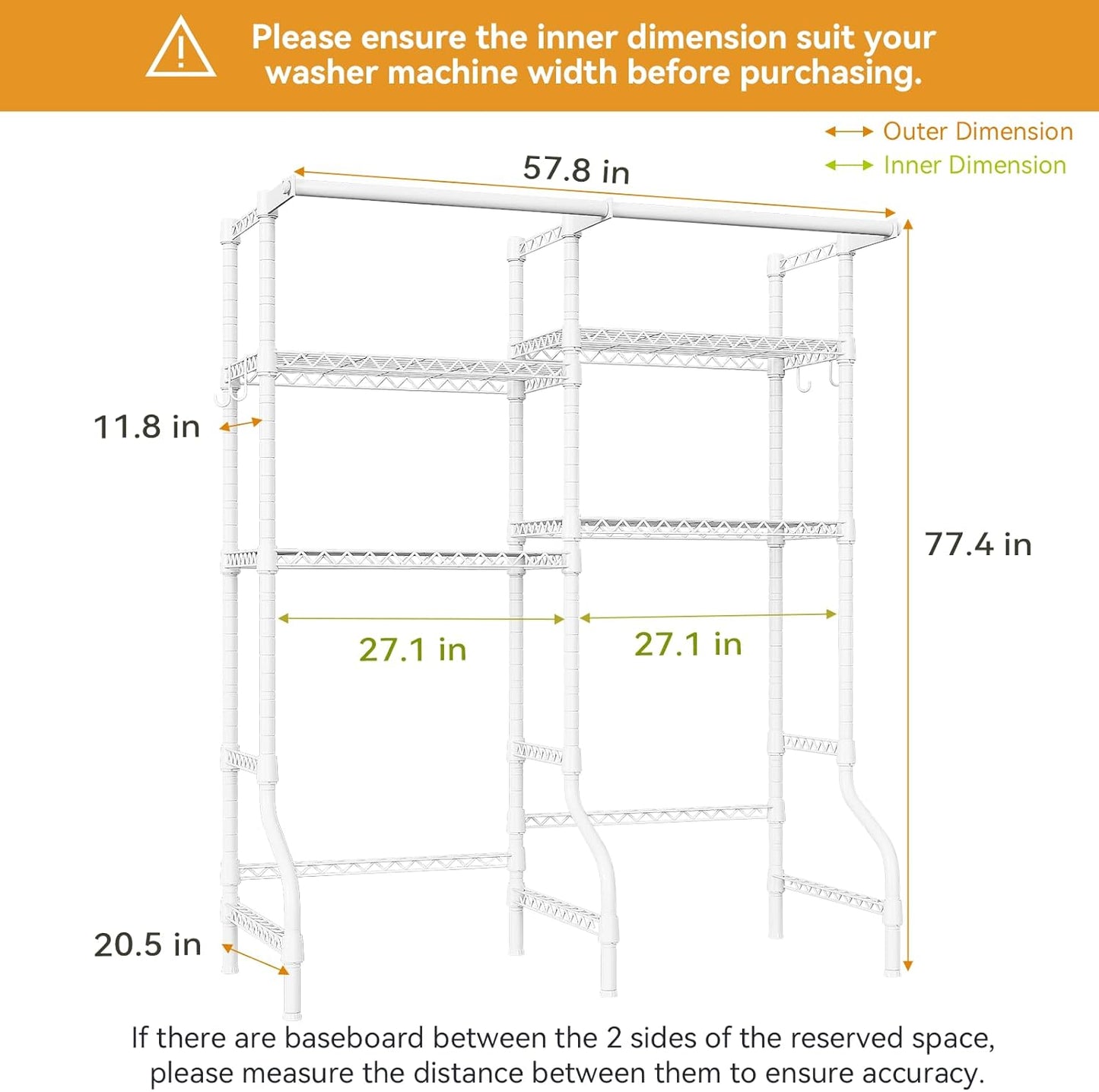 U14 Over Washer and Dryer Storage Shelves, 4 Tiers Laundry Room Storage and Organizer System, Space Saving Clothes Drying Rack with 2 Clothes Hanger Rods, 66.5" W x 20.5" D x 77.4" H, Black