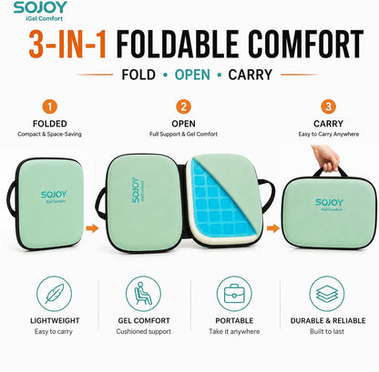 Sojoy iGelComfort 3 in 1 Foldable Gel Seat Cushion Featured with Memory Foam (A Must-Have Travel Cushion! Smart, Easy Travel Cushion) (Size: 18.5“ x 15" x 2")