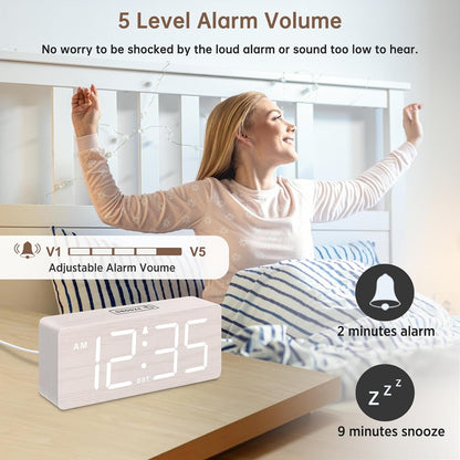 DreamSky Wooden Digital Alarm Clock for Bedroom with Large Numbers | Desk Clock for Living Room Office, Loud Alarm for Heavy Sleepers Adults, Volume Control, Dimmer, DST, Wood Decor (Plug-in)