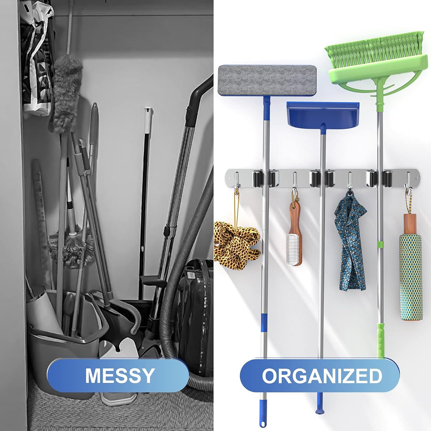 ZONGOOL 2 Pack Mop Broom Holder Wall Mount 4 Racks 5 Hooks Storage Black | 304 Rustproof Stainless Steel Broom Hanger, Non-Slip Wall Mount Organizer, Space Saving For Kitchen, Laundry, Garden