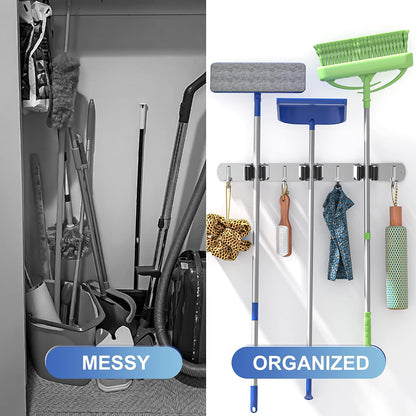 ZONGOOL 2 Pack Mop Broom Holder Wall Mount 4 Racks 5 Hooks Storage Black | 304 Rustproof Stainless Steel Broom Hanger, Non-Slip Wall Mount Organizer, Space Saving For Kitchen, Laundry, Garden