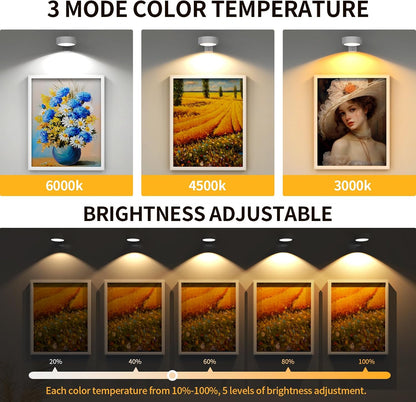 3 Pack Picture Lights for Wall, Rechargeable Battery Operated wall lights, Picture Frame lights with 3 Lighting Modes, Wireless Magnetic Painting Light with Remote Control Timer (White, 3 Pack)