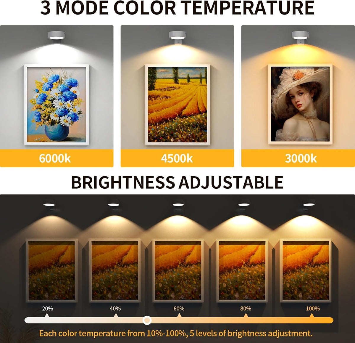 Picture Lights for Wall, Rechargeable Battery Operated wall lights, Picture Frame lights with Lighting Modes, Wireless Magnetic Painting Light with Remote Control Timer (White)
