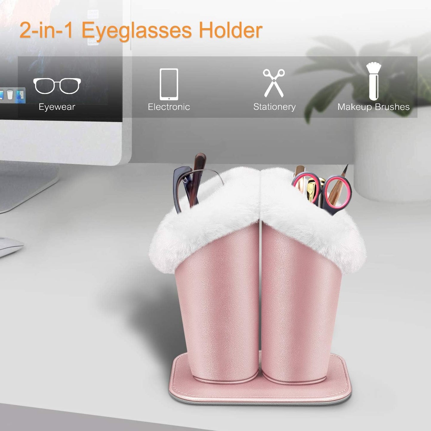 FINTIE Plush Lined Double Eyeglasses Holder with Magnetic Base for Desk | Soft Plush Lining, Glasses Stand Case For Nightstand / Bedside, Office Desktop Organizer, Small Item Storage
