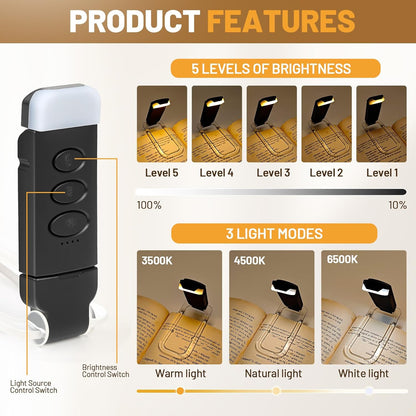 Book Reading Light Rechargeable Clip on Book Lamp with 3 Color Temperatures | 5-Level Dimmable Brightness, 3 Color Temperatures, 360° Rotatable USB Eye Caring