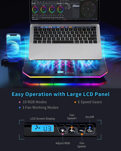 KeiBn Upgarde Laptop Cooling Pad, RGB Lights Laptop Cooler 6 Fans for 15.6-17.3 Inch Laptops, 7 Height Stands, 10 Modes Light, 2 USB Ports, Desk or Lap Use (A8,Blue)