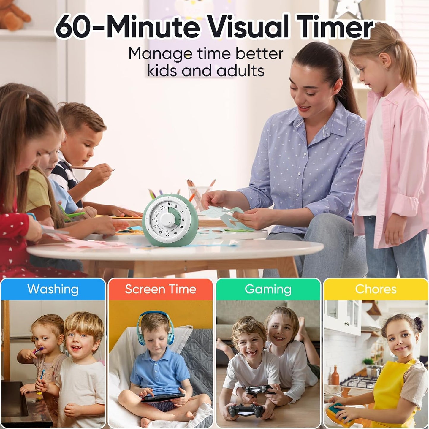 Visual Timer for Kids, 60-Minute Silent Countdown for Classroom | Home, Office, Kitchen, Rainbow Pattern Desk Timer, Time Management Tools with Silent Operation, Pomodoro Timer (Green)