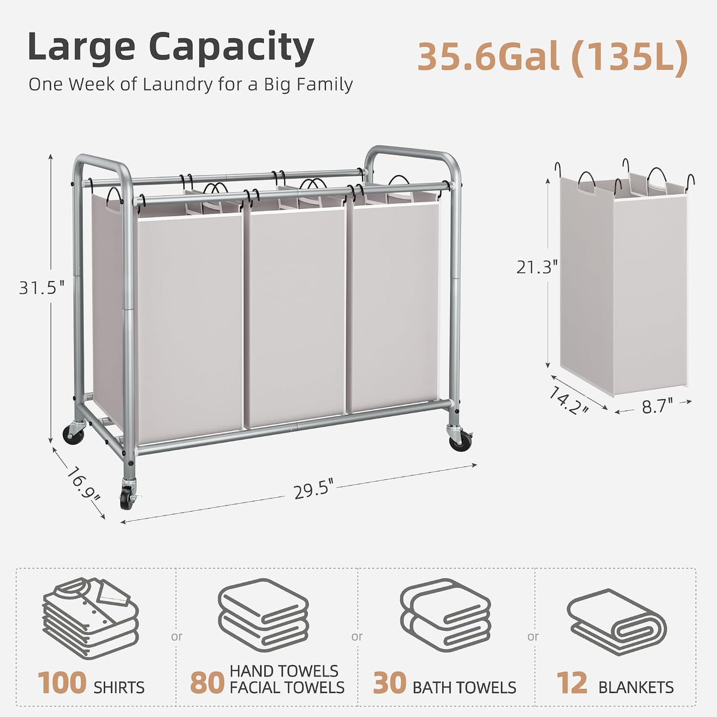STORAGE MANIAC 3 Section Laundry Sorter, 35.6 Gal (135 L) Laundry Hamper Cart with Heavy Duty Rolling Lockable Wheels and Removable Bags, Clothes Organizer Basket Separator Hamper, Gray
