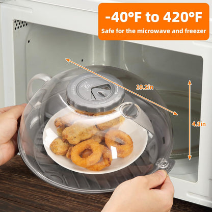 Microwave Splatter Cover Lid for Food 10.2 Inch with Water Steamer, Clear Microwave Splash Guard Cooker Lid with Plate, Dish Bowl Plate Serving Cover Cookware High Transparent Plastic Black