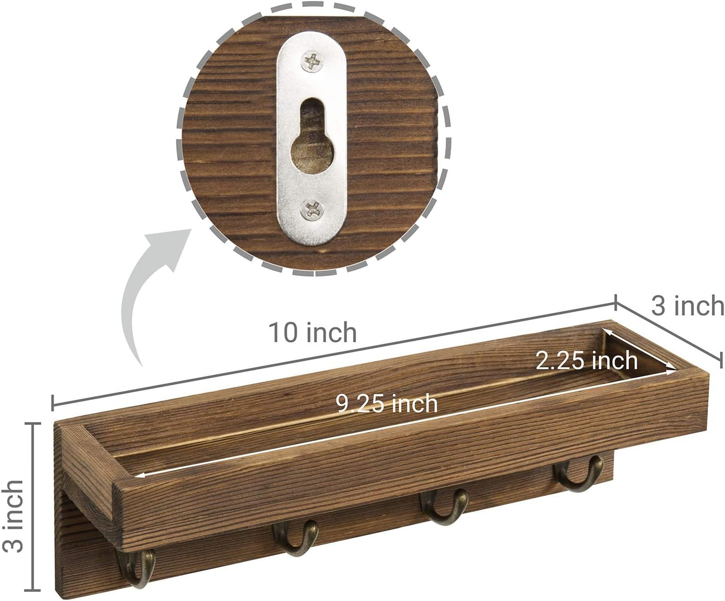 MyGift 10 Inch Brown Wood Wall Mounted Floating Shelf Key Rack with 4 Hooks | Four Metal Hooks, Space Saving Storage, Entryway Organization, Rustic Accent, Keys Mail Accessories Display