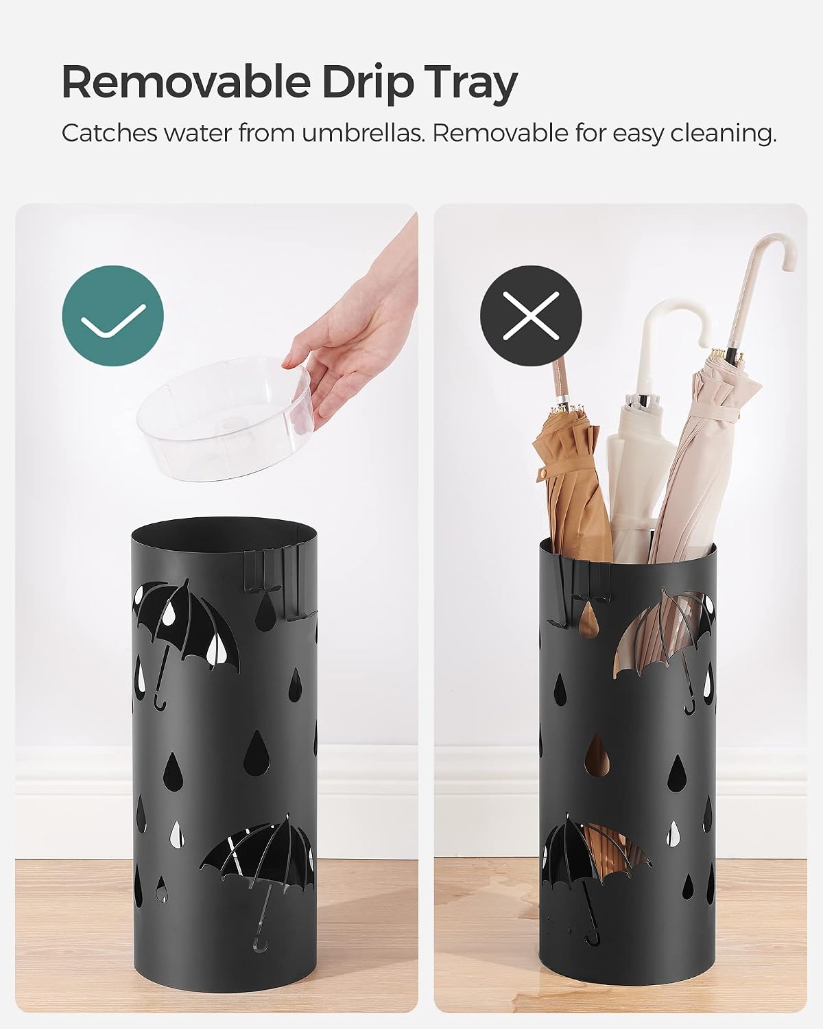 SONGMICS Umbrella Stand, Steel Round Holder Rack, 6.7 x 6.7 x 16.1 Inches | Umbrella Holder, with Detachable Drip Tray, Assembly Required, for Entryway, Office, Matte Black, PATSY Collection ULUC024B01