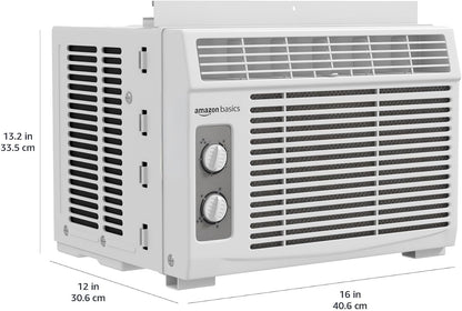 Amazon Basics 5000-BTU Window Air Conditioner with Quiet Operation, Up to 150 Sqf, Cool and Fan Functions, Washable Filter, Adjustable Window Kit, Intuitive Mechanical Controls, for Small Room, White