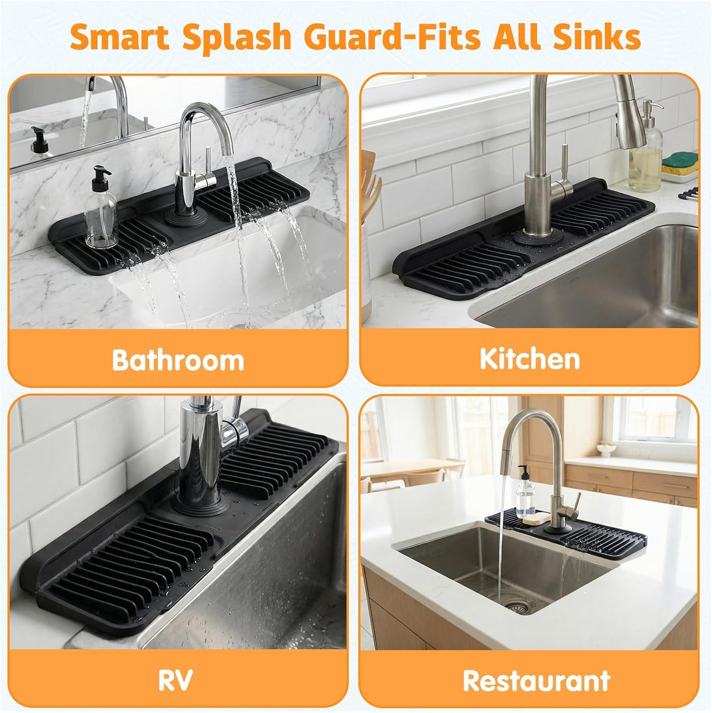 Silicone Faucet Mat for Kitchen Sink, 24" Splash Guard 7° Slope Fast Drain | Adjustable hole cutout for easy install, fits kitchen & bathroom sinks; food-grade silicone, easy to clean, keeps counter dry