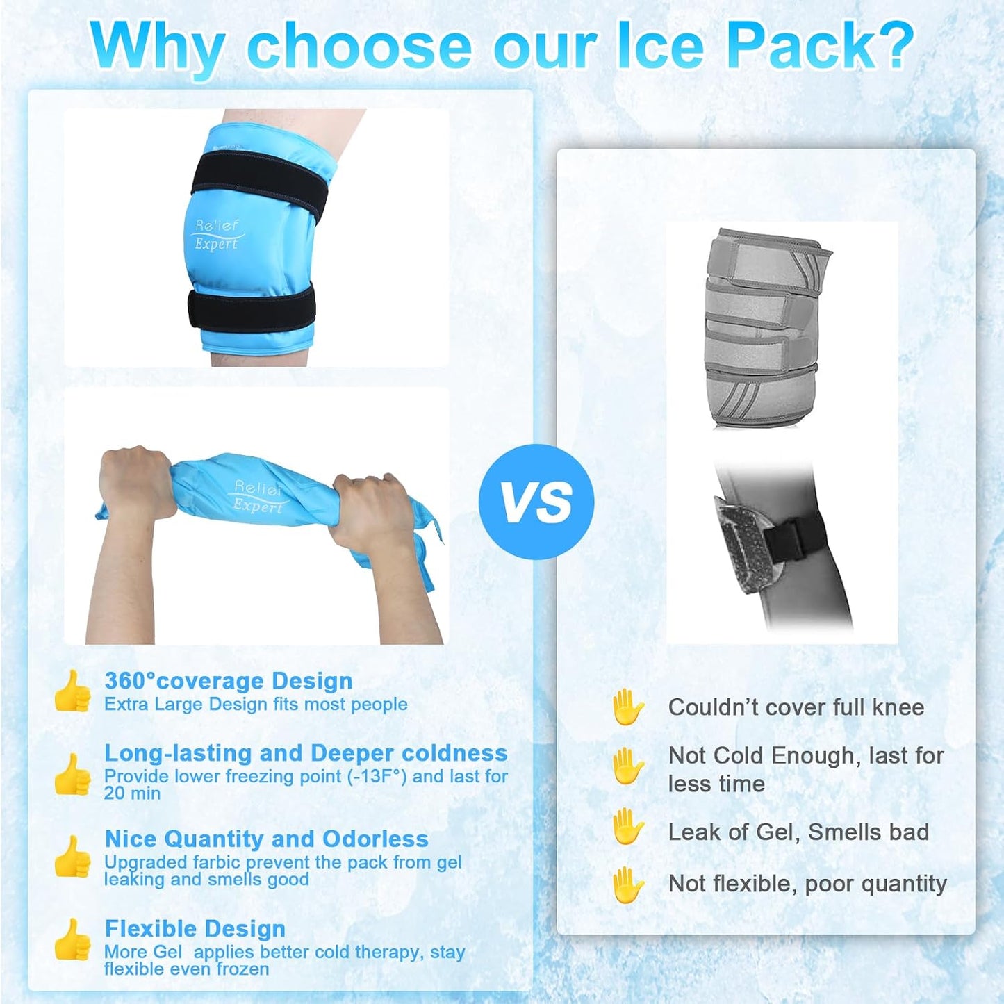 Relief Expert Knee Ice Pack Wrap Around Entire Knee, Large Ice Pack for Leg Soothing Discomfort, Reusable Ice Wraps with Cold Compress for Musclar Relaxation, Post-Workout Recovery,XL