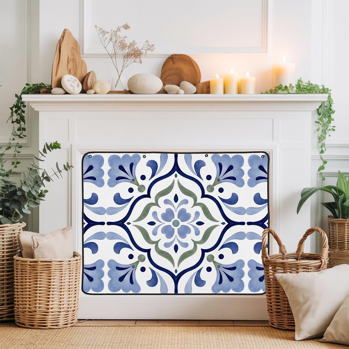 Magnetic Fireplace Cover Bird Branches Fireplace Screen Decorative Green Leaves Frame Insulation Fireplace Blocker Blanket Save Energy Fireplace Draft Stopper Covers for Living Room 45x34 Inch