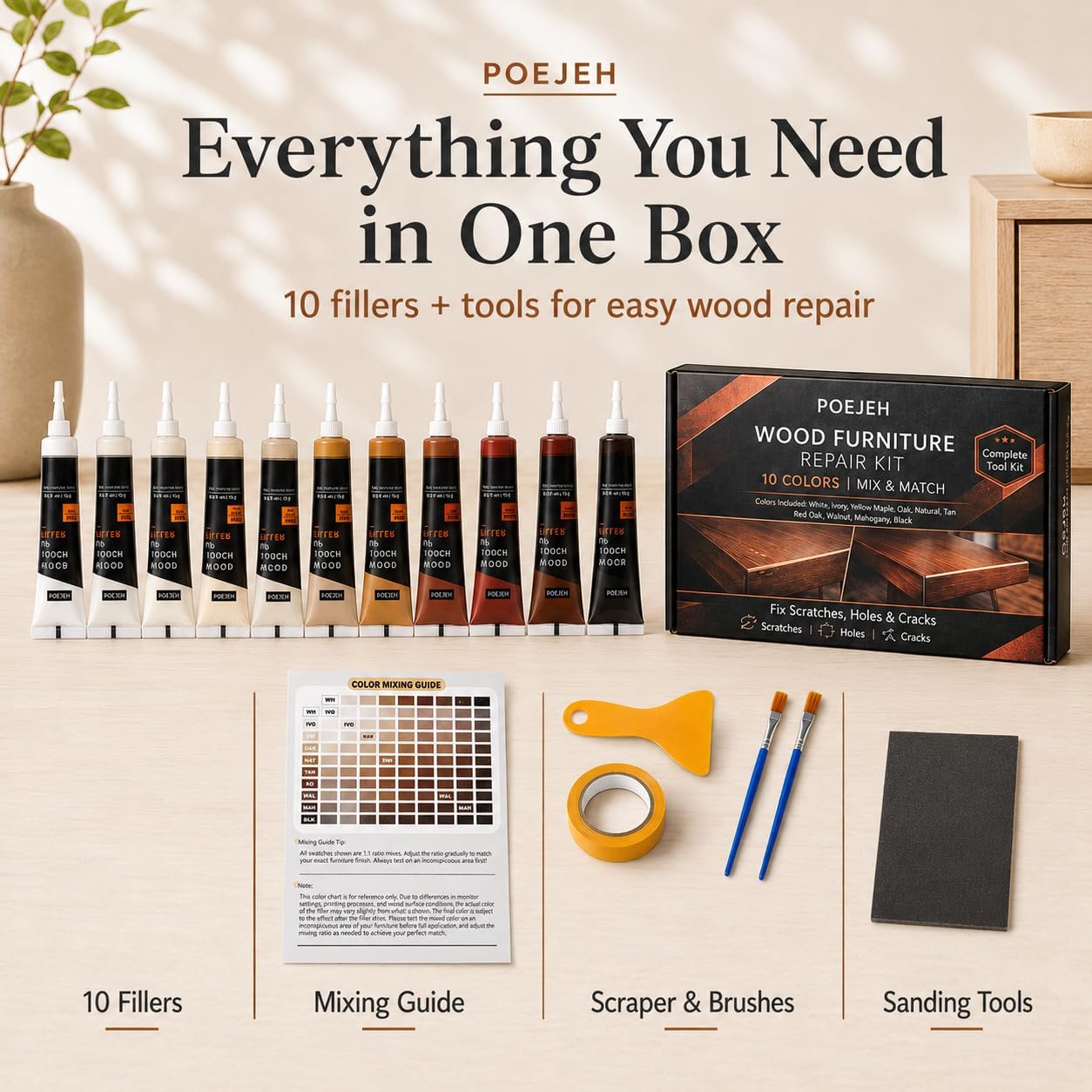 10 Color Wood Repair Kit Blendable Anti-Crack Furniture Restore Set | Full Tool & Color Chart, Strong Adhesion, Repairs Floor Cabinet Wood Surfaces, Practical Housewarming DIY Gift Kit
