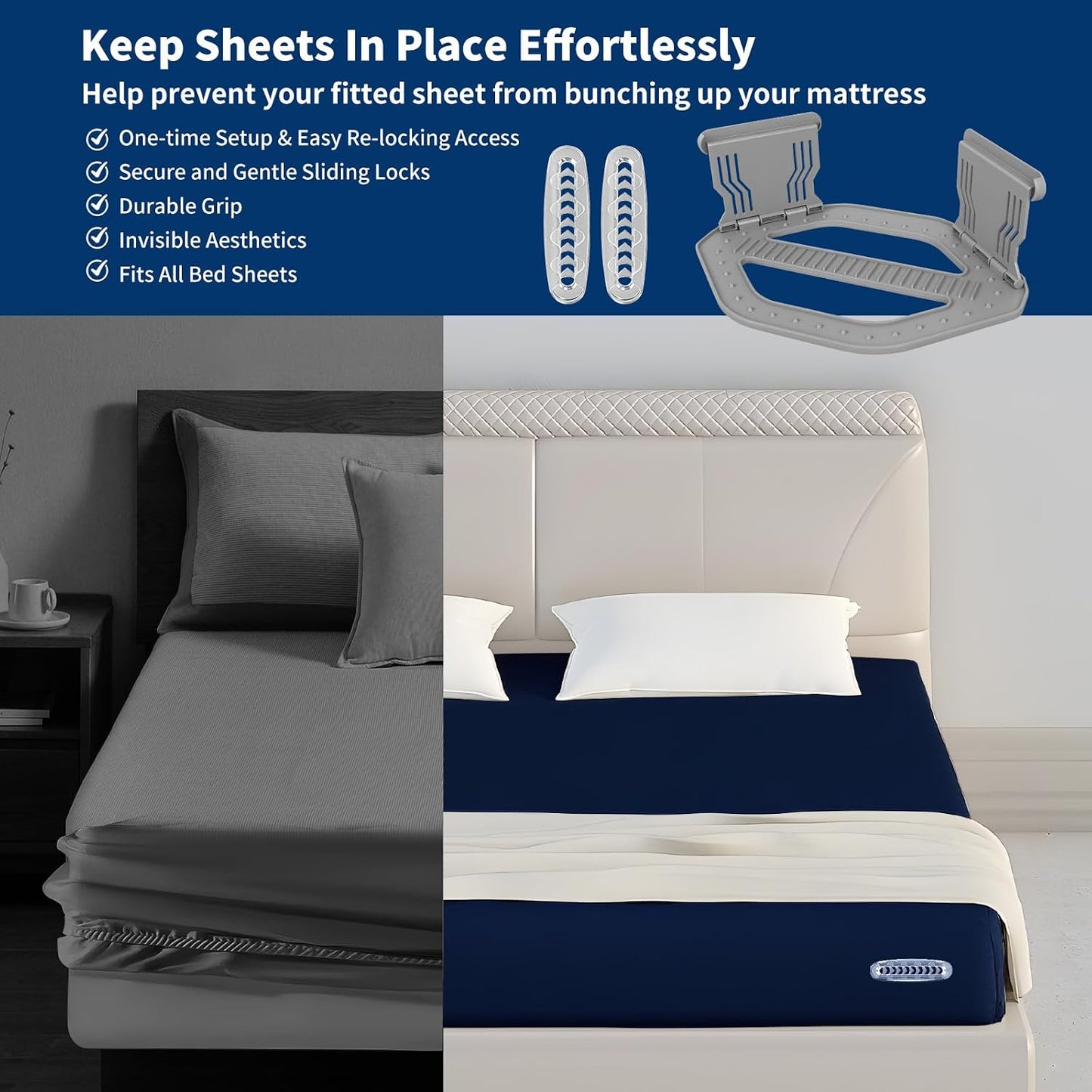 AMOVO Bed Sheet Holders for Corners Keep Sheets in Place Firmly - Foldable Fitted Sheet Holders Heavy Duty Sheet Locks Mattress Sheet Fasteners, Set of 4 Lock Sheet Clips (Snow-White)
