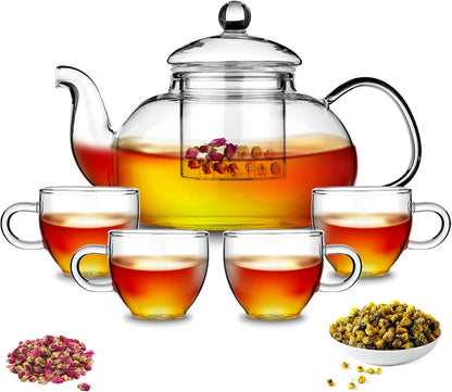 Kyraton Glass Tea Pot with 4 Tea Cups, Removable Infuser, Blooming and Loose Leaf Tea Maker and Teacups Set, Stovetop Microwave Safe Tea Kettle