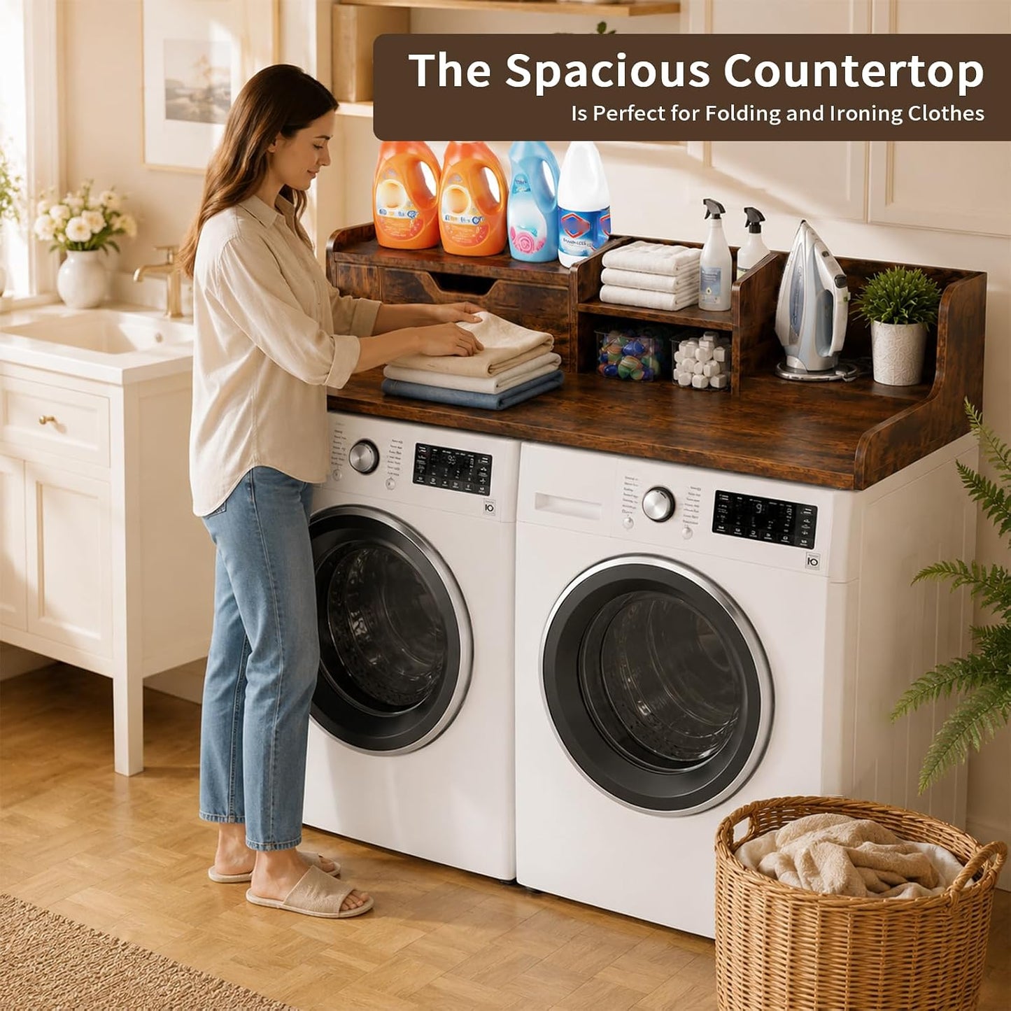 Washer and Dryer Countertop with Power Outlet & Storage Drawer, 54 Inch Laundry Tabletop Over Washing Machine, Clothes Folding & Ironing Station, Laundry Room Organizer with Non-Slip Pads