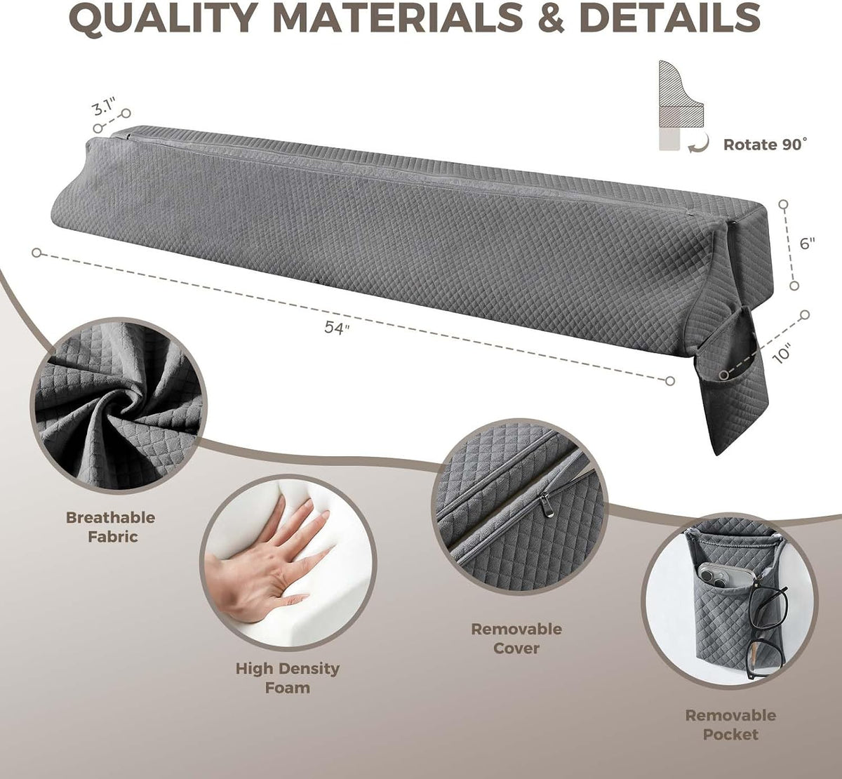 Bed Wedge Gap Filler Queen Size, Wedge Pillow for Headboard Gap, 60×10×6 in