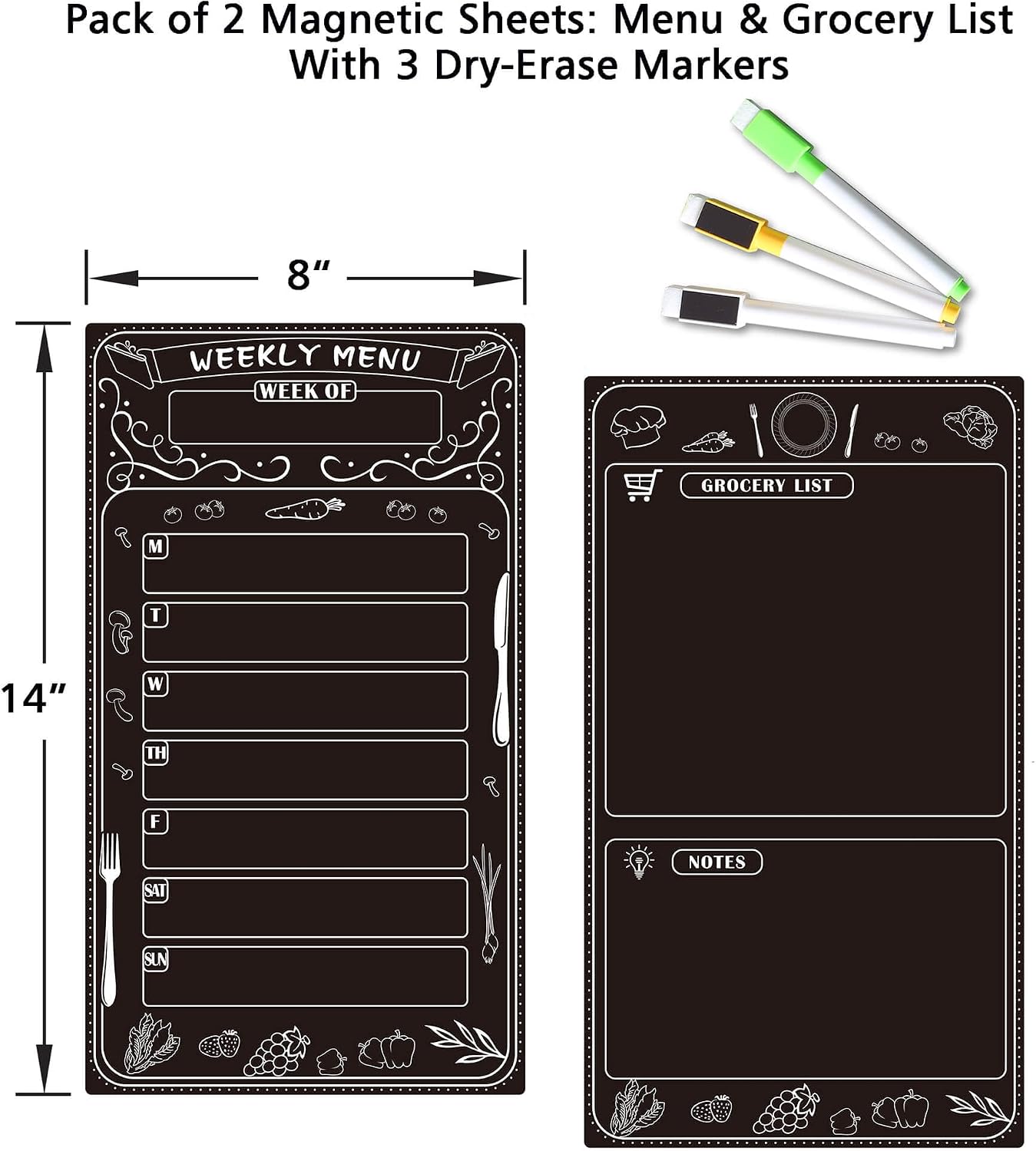 Magnetic Weekly Menu Planner for Fridge: 2 PCS 8x14 Inch Dry Erase Boards with Meal Plan and Grocery List, Dinner Calendar Magnets for Family Kitchen