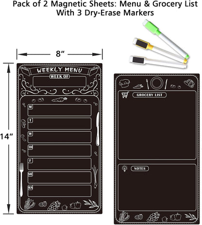 Magnetic Weekly Menu Planner for Fridge: 2 PCS 8x14 Inch Dry Erase Boards with Meal Plan and Grocery List, Dinner Calendar Magnets for Family Kitchen