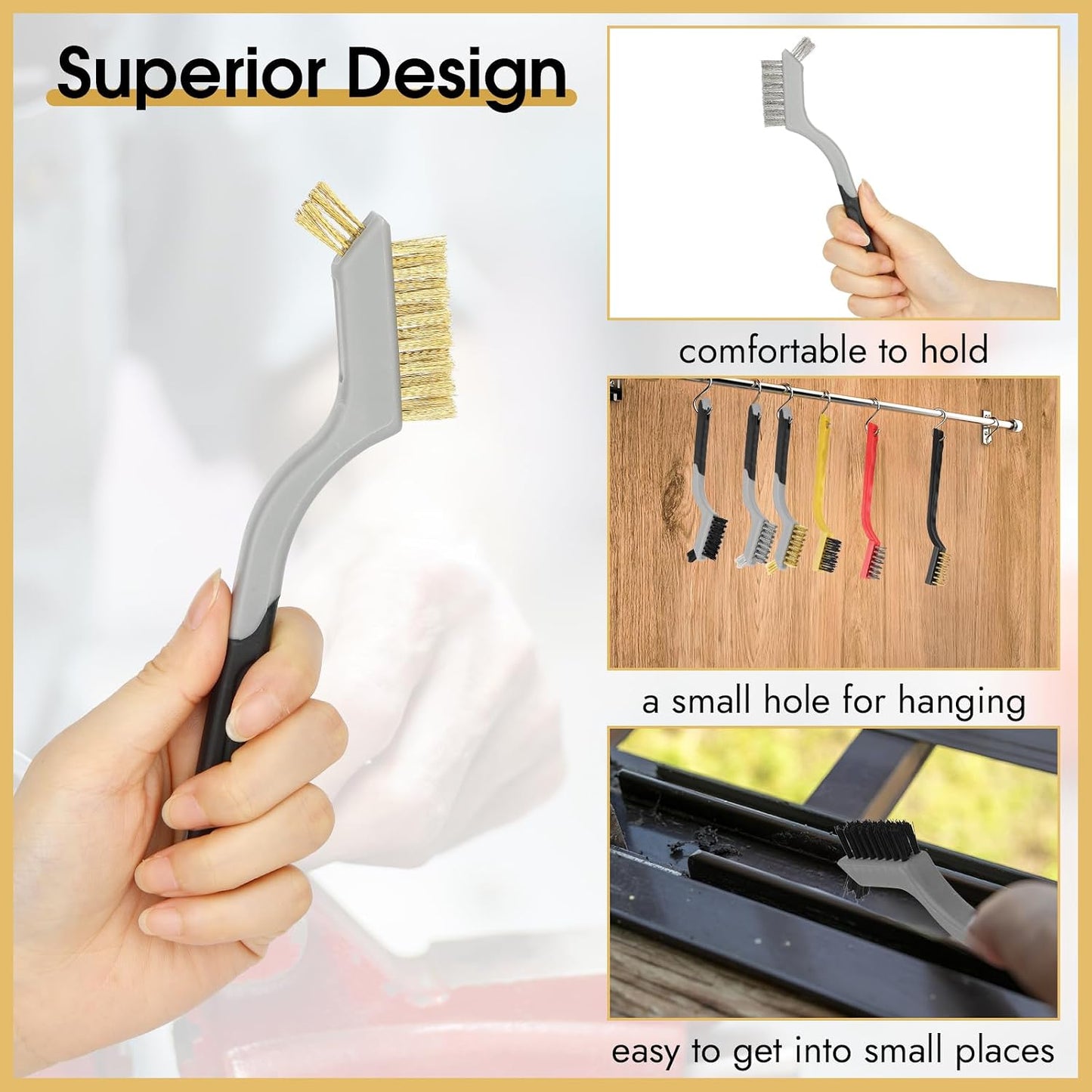 Wire Brush for Cleaning, Small Brass Steel Nylon Brush, Metal Rust Remover | 6 Pcs, Rust/Grease/Paint Removal on Metal/Wood/Grill, Curved Head for Tight Spots, with Hang Hole, Ergonomic Handle, 7 in