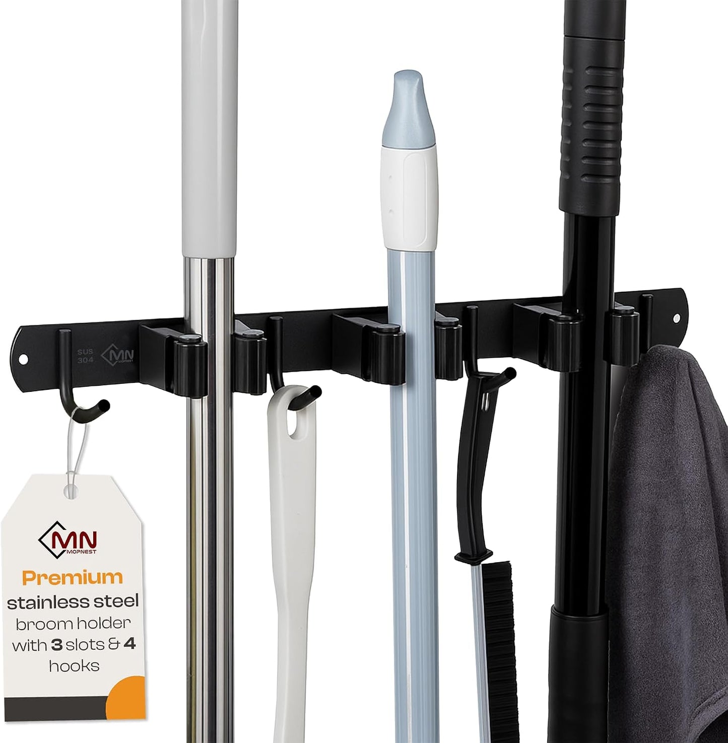 Stainless Steel Broom Holder Wall Mount, 3 Racks & 4 Hooks | Waterproof organizer for mops, brooms, tools and garden equipment, adjustable wall storage, black