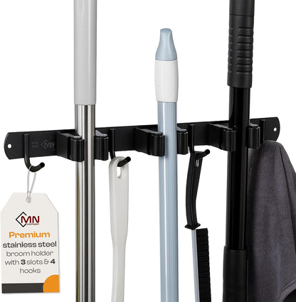 Stainless Steel Broom Holder Wall Mount, 3 Racks & 4 Hooks | Waterproof organizer for mops, brooms, tools and garden equipment, adjustable wall storage, black